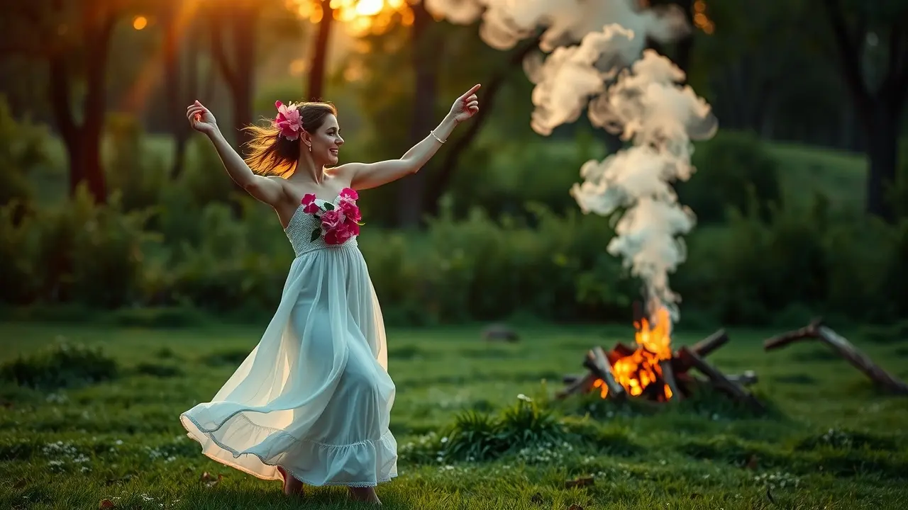 Significado de Sonhar com Beltane: Desvendando os Mistérios da Fertilidade e Renovação Jovem dançando em celebração de Beltane