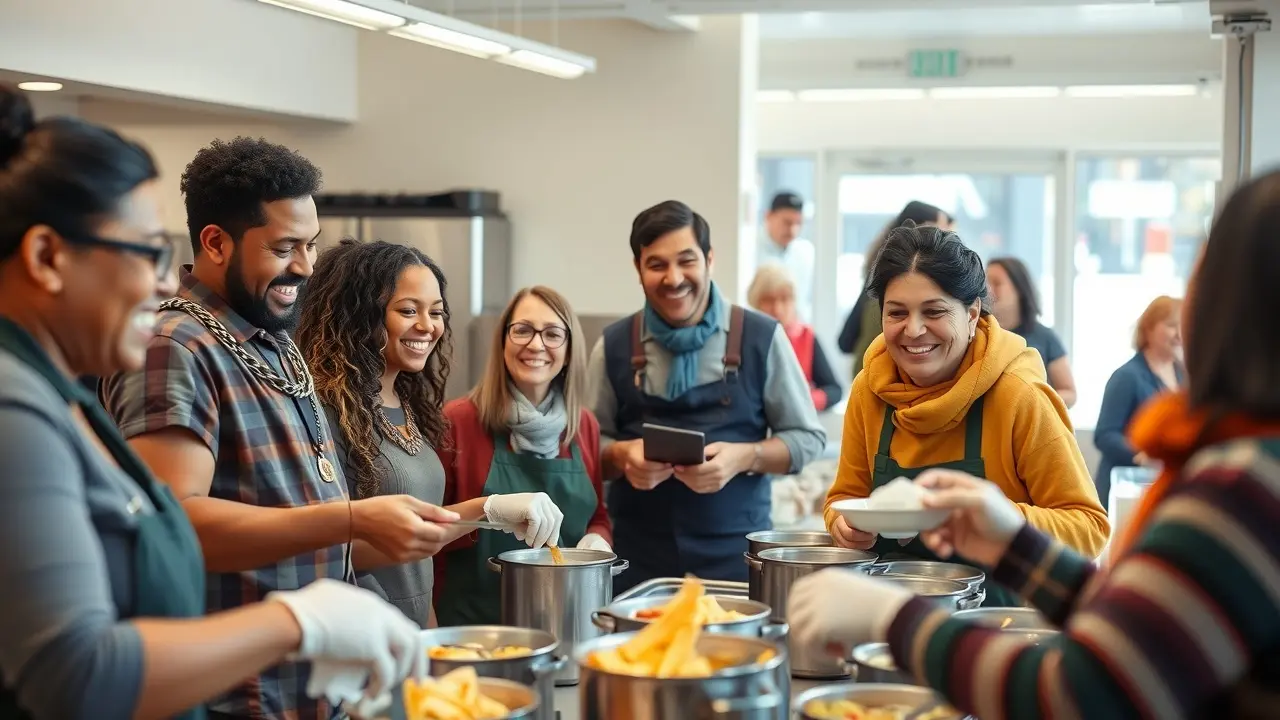 Voluntários servindo comida em sopa comunitária