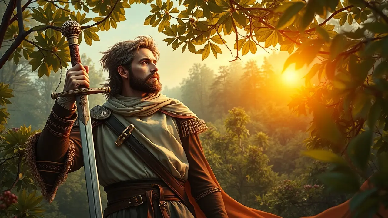 Sonhar com Beren: Descubra o Significado e as Interpretações Homem com espada na floresta, representando Beren