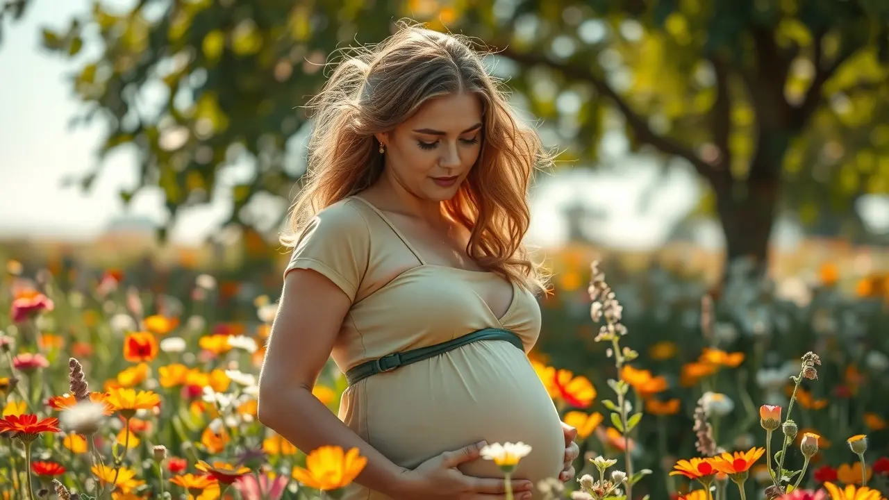 Sonhar com Berkano: Desvende os Mistérios da Fertilidade e Renovação Mulher grávida com runa Berkano ao fundo