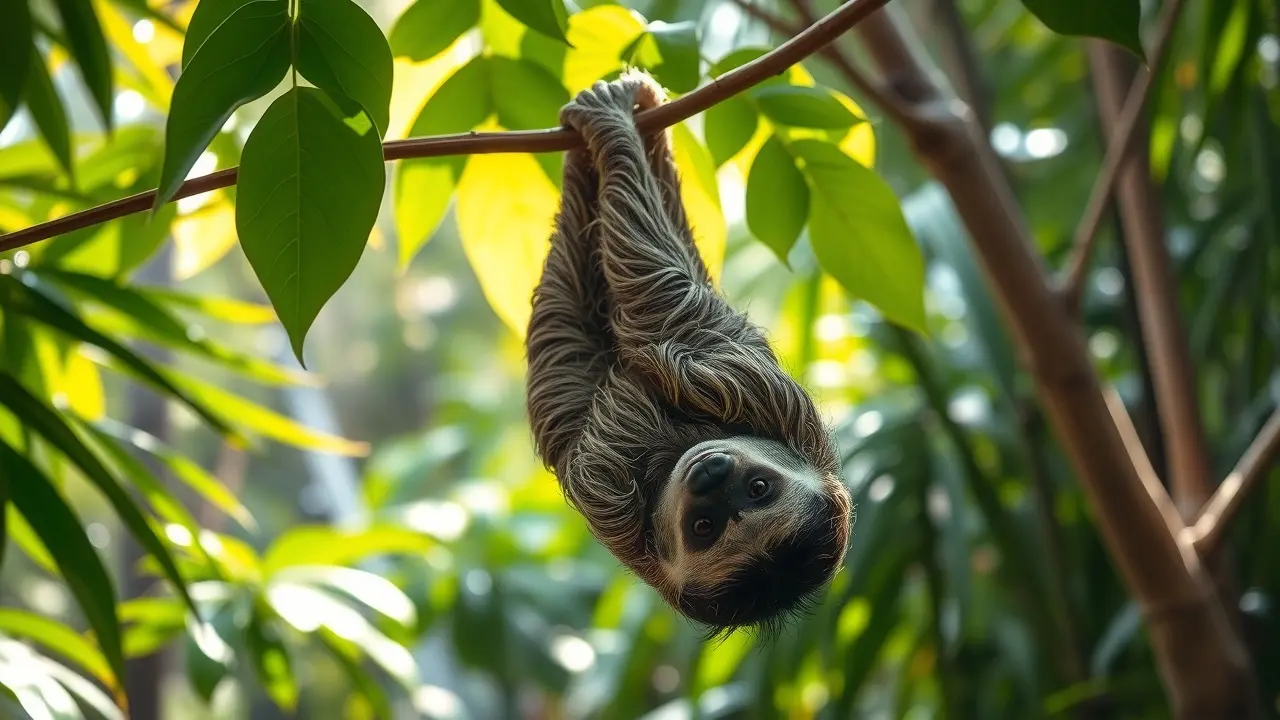 Bicho-preguiça pendurado na árvore
