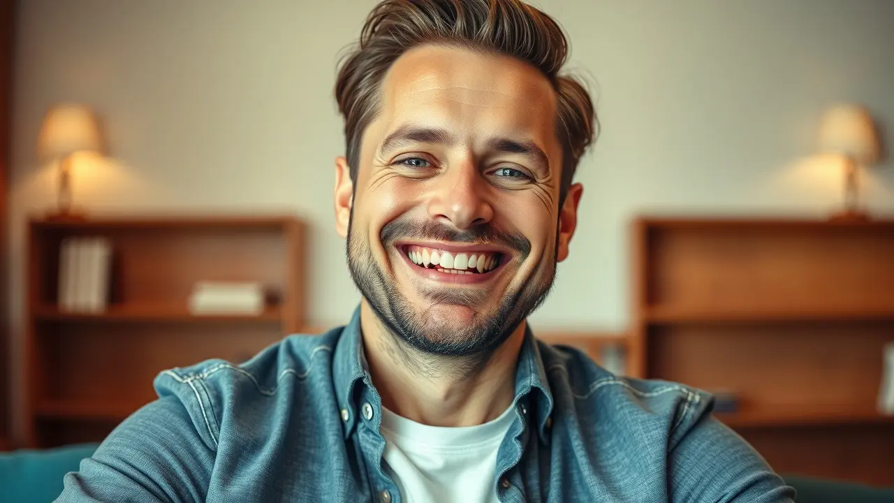 Homem sorrindo com bigode bem cuidado