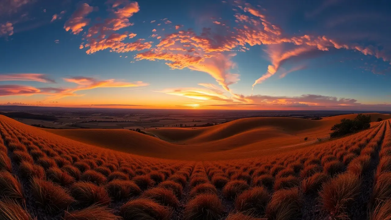 Paisagem do bioma Pampa ao entardecer