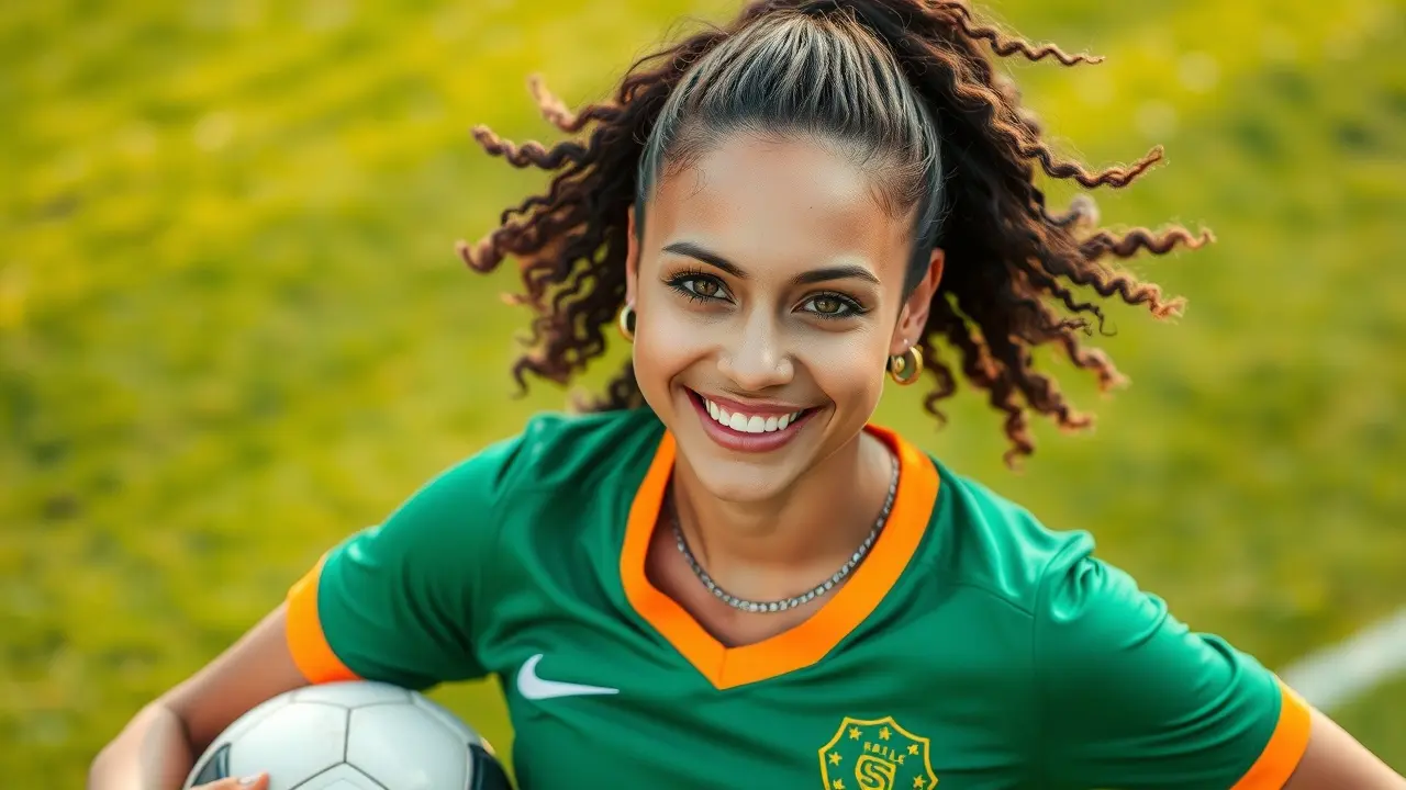Birgit Prinz sorrindo em um campo de futebol