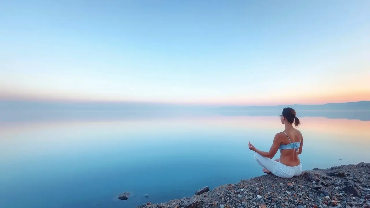 Pessoa meditando à beira de um lago azul calmo ao amanhecer