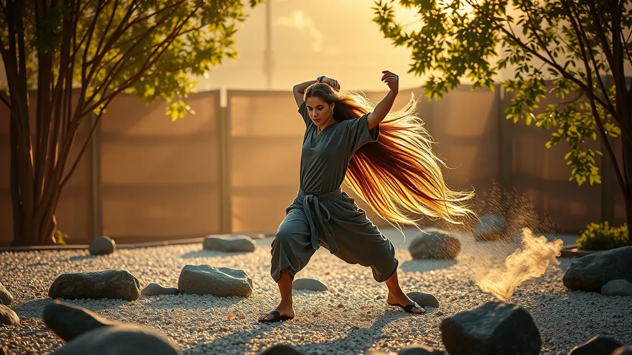 Homem praticando artes marciais com bō em jardim zen