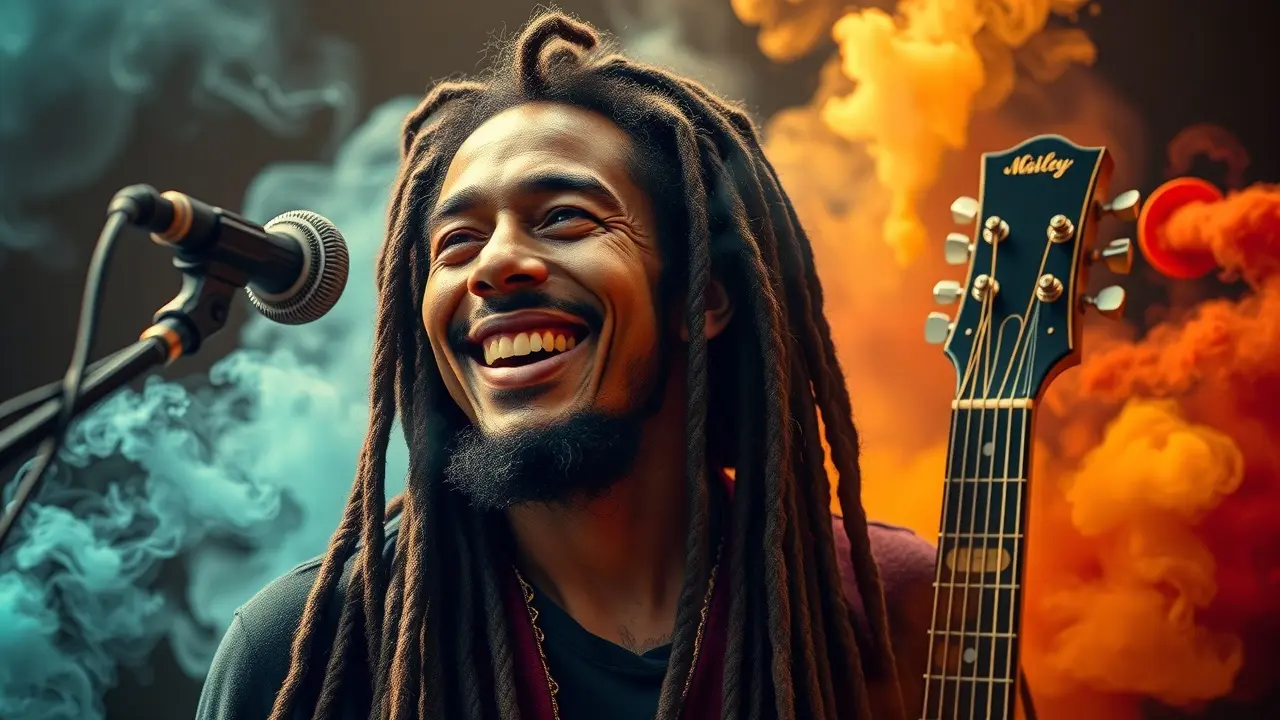 Bob Marley sorrindo com dreadlocks