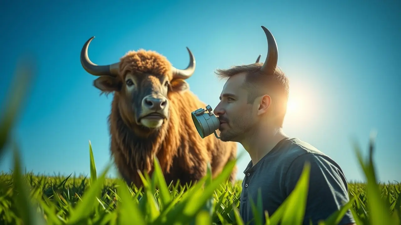 Homem contemplando um bode em um campo verde