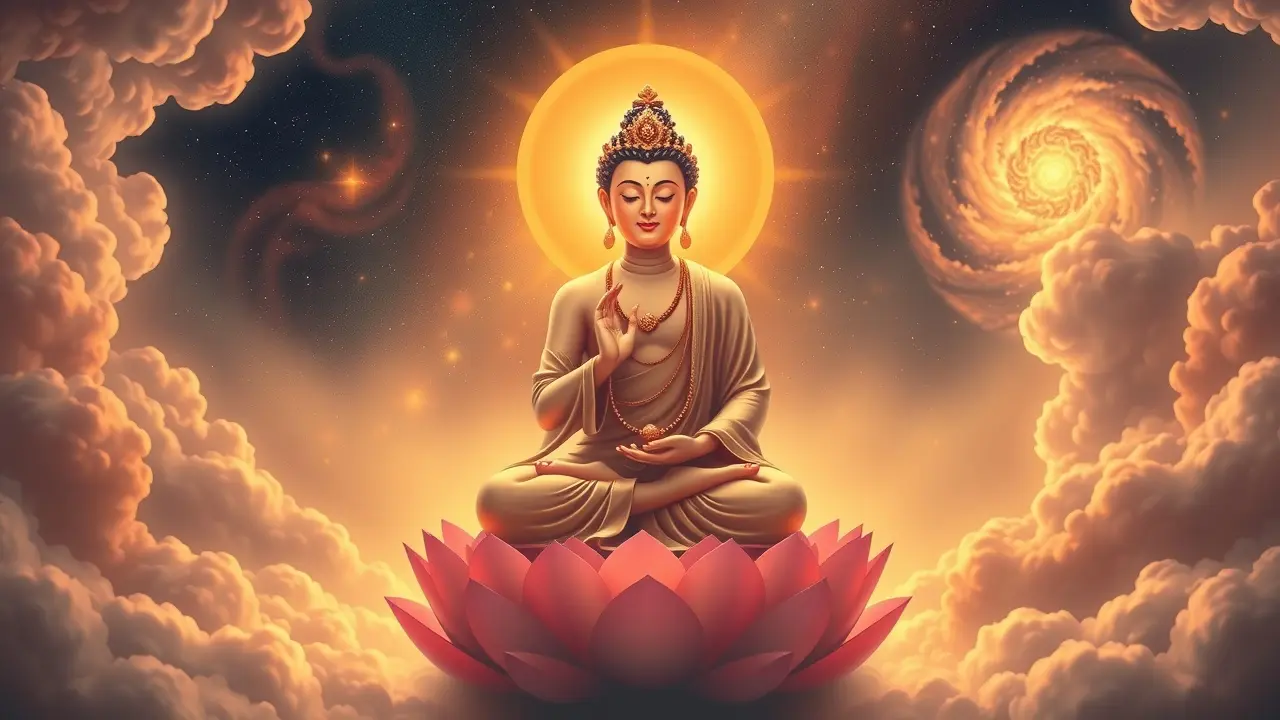 Bodhisattva radiating light seated on lotus flower