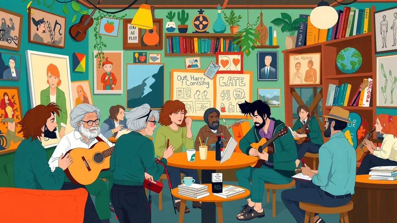 Ilustração de uma animada reunião boêmia em um café