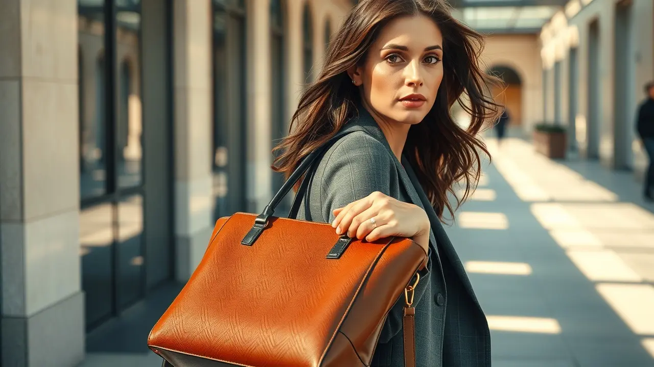 Mulher segurando bolsa em ambiente urbano