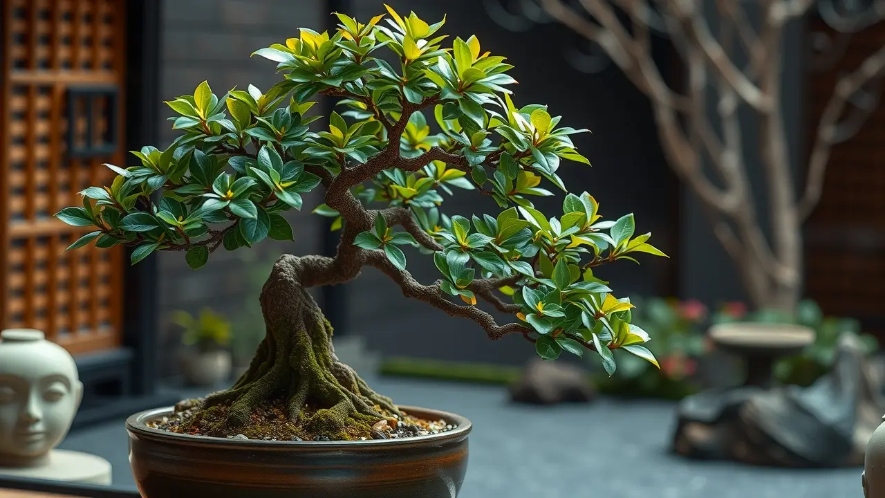 Bonsai-de-fícus exuberante em vaso de cerâmica