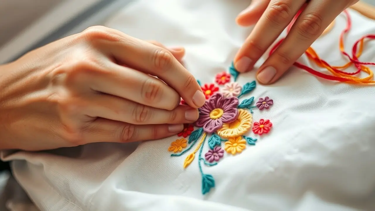 Mãos bordando flores coloridas