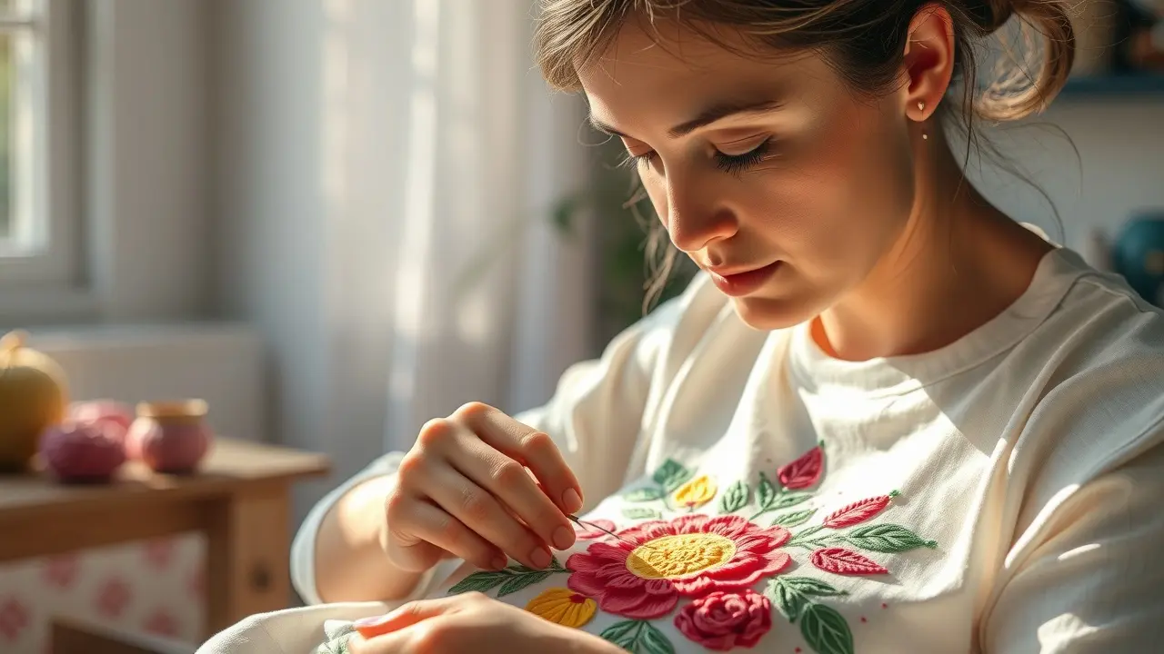 Mulher bordando com atenção