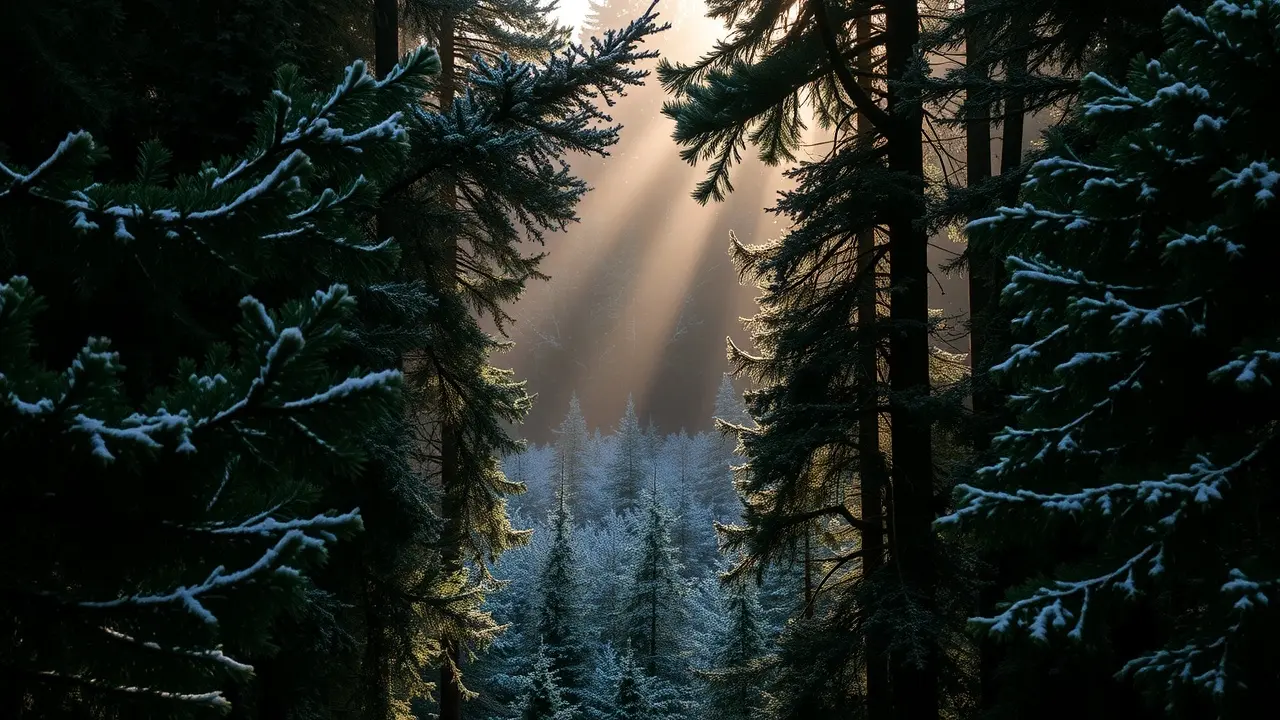 Significado de Sonhar com Bosque de Coníferas: Decifrando o Subconsciente Bosque de coníferas com luz suave