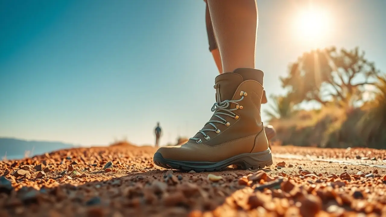 Bota de couro marrom em caminho de terra