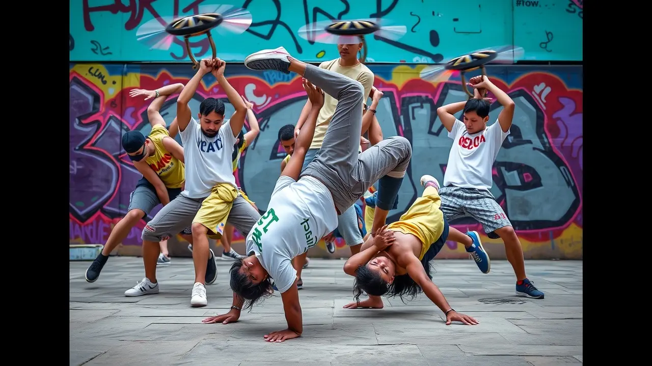 Breakdance scene with dancers in urban environment