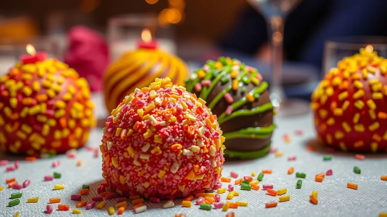 Brigadeiros gourmet coloridos em mesa de festa