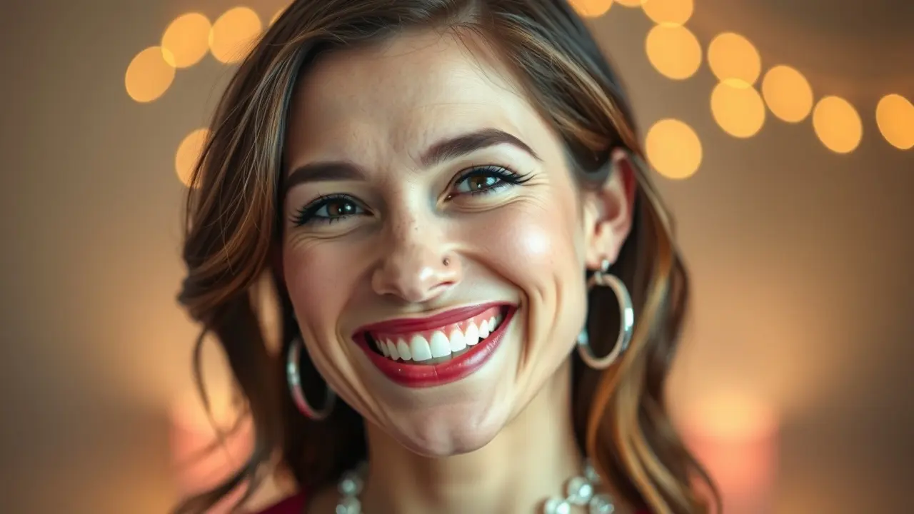 Mulher sorrindo com brincos brilhantes