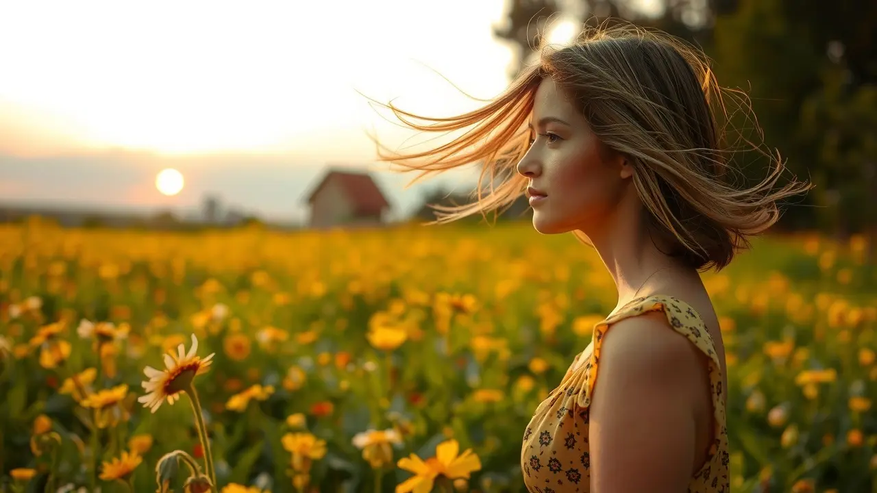 Sonhar com Brisa Vespertina: Desvende os Significados Ocultos Mulher sentindo brisa vespertina em campo florido