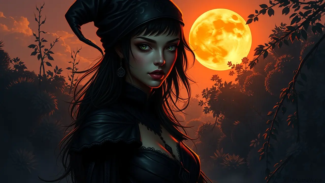 Mulher misteriosa na floresta à meia-noite