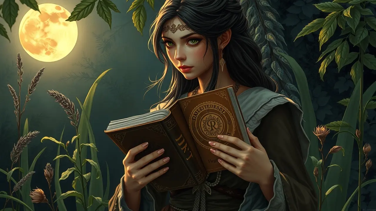 Significado de Sonhar com Bruxa: Interpretações e Simbolismos Mulher com livro de runas na floresta (bruxa)