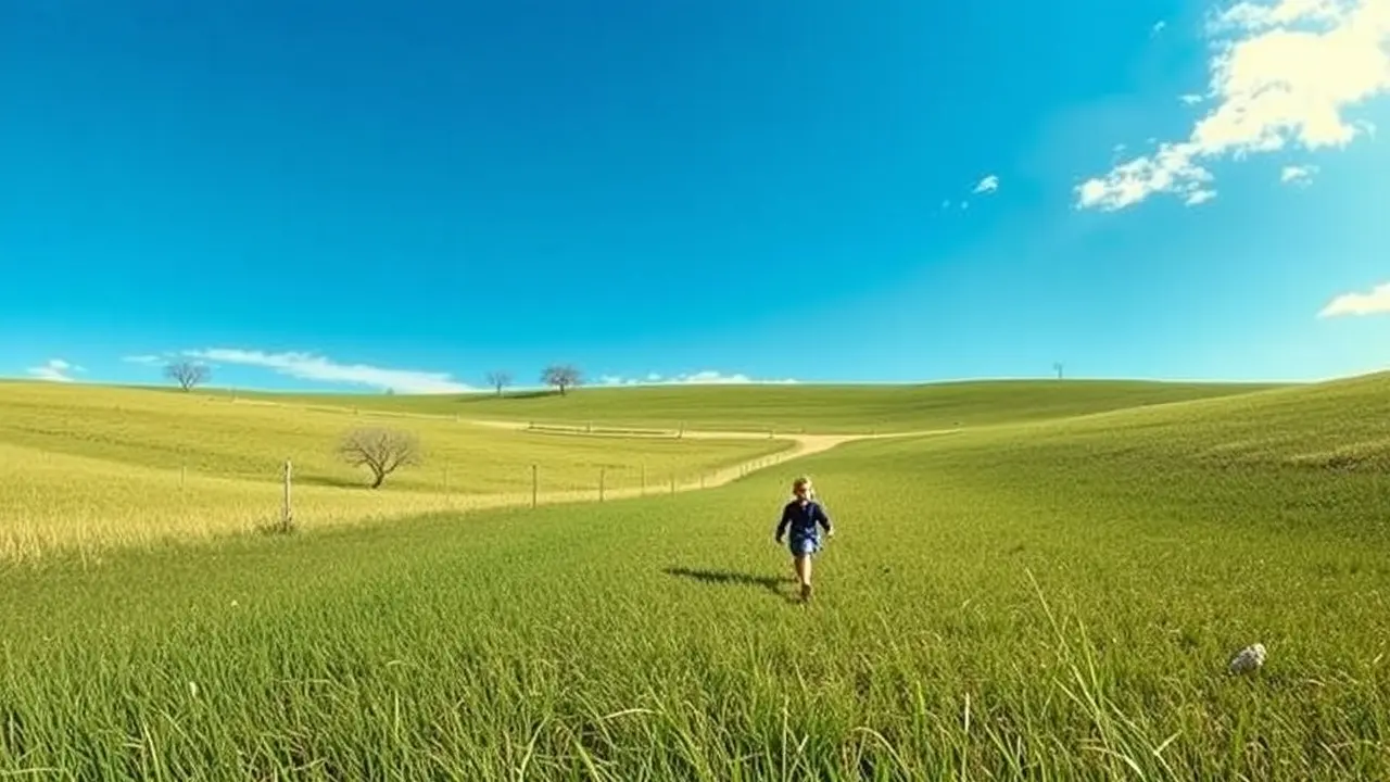 Criança correndo em campo azul com balão