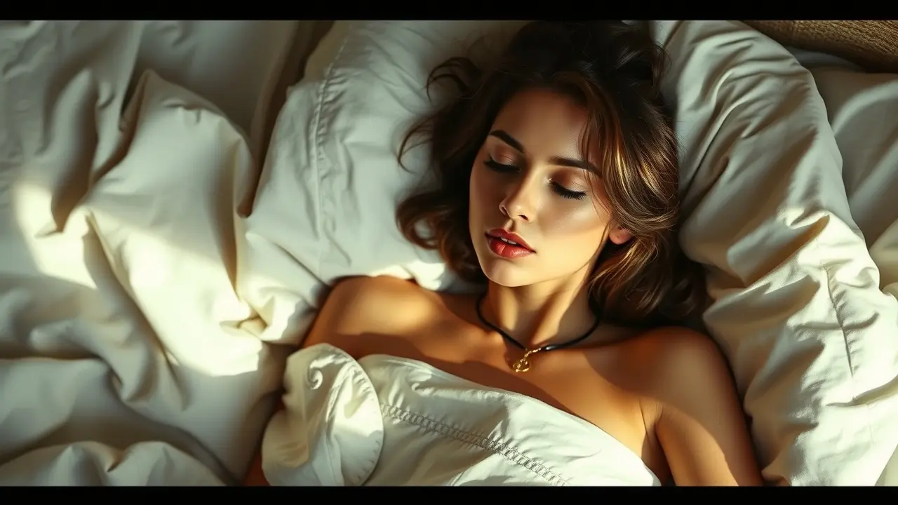 Mulher sonhando em cama de seda