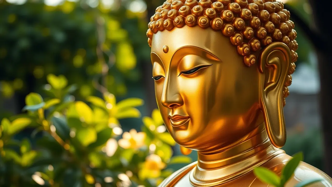 Sonhar com Buda: Decifre os Significados e Mensagens Espirituais Imagem de Buda dourado em jardim tranquilo