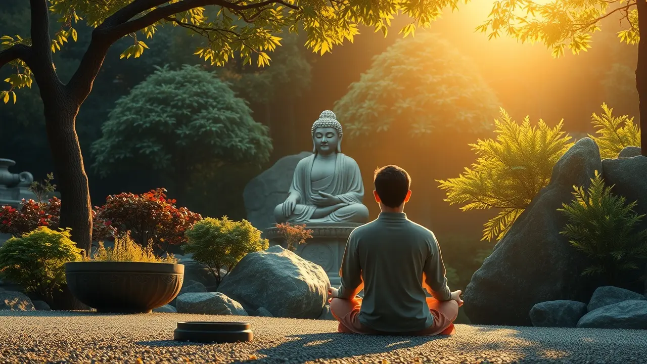 Significado de Sonhar com Buda: Um Guia Completo Pessoa meditando com estátua de Buda ao fundo