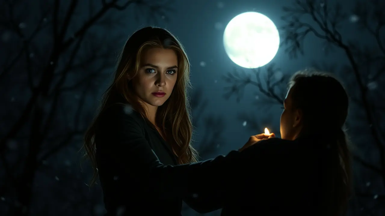 Mulher empunhando estaca de madeira em cenário noturno