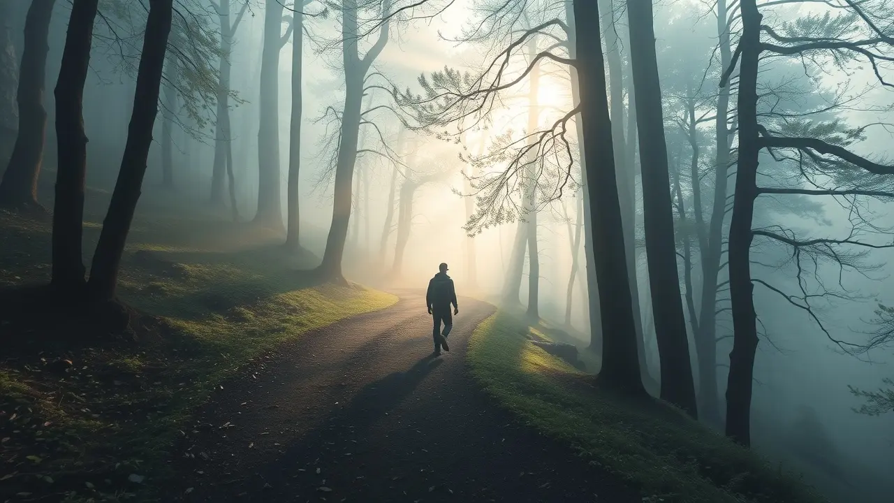 Sonhar com Busca: Descubra o Significado e as Interpretações Pessoa caminhando em floresta nebulosa em busca de si