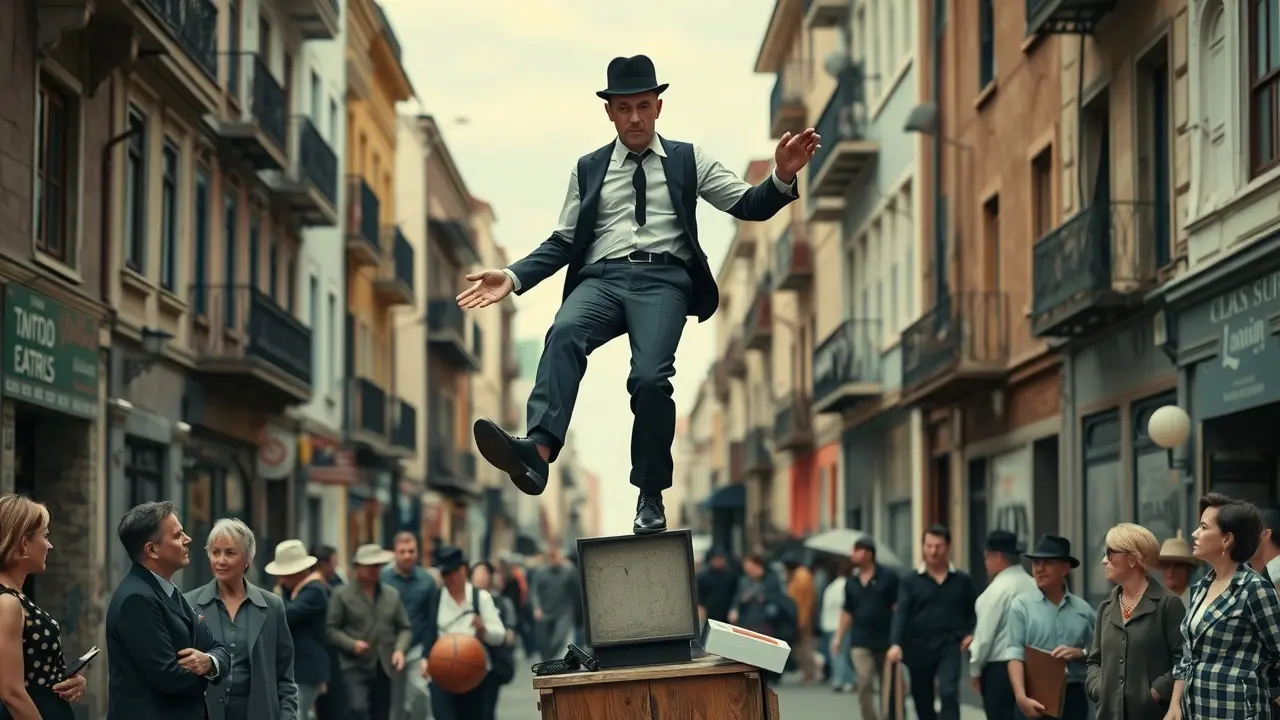 Sonhar com Buster Keaton: Descubra o Significado Homem equilibrando-se como Buster Keaton