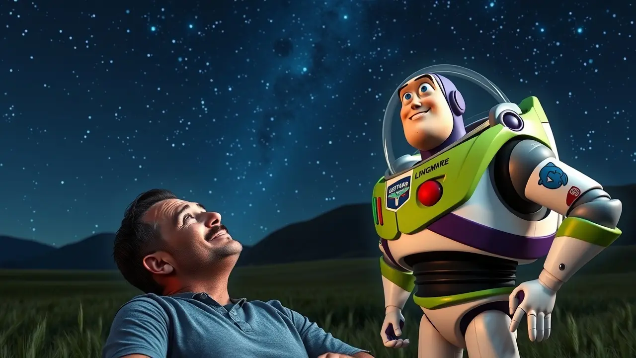 Homem e Buzz Lightyear olhando para as estrelas