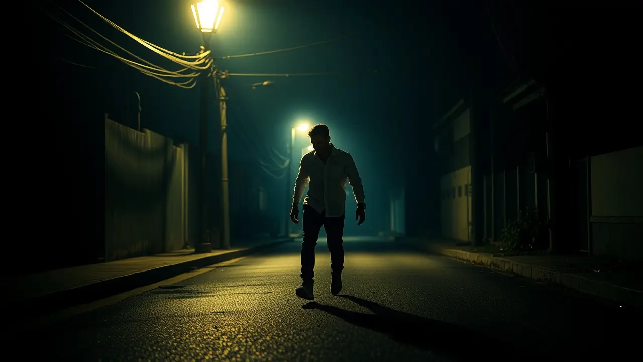 Homem bêbado cambaleando à noite