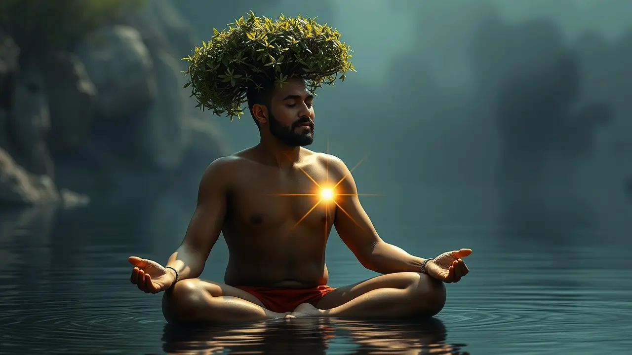 Homem meditando com Árvore da Vida da Cabala ao fundo