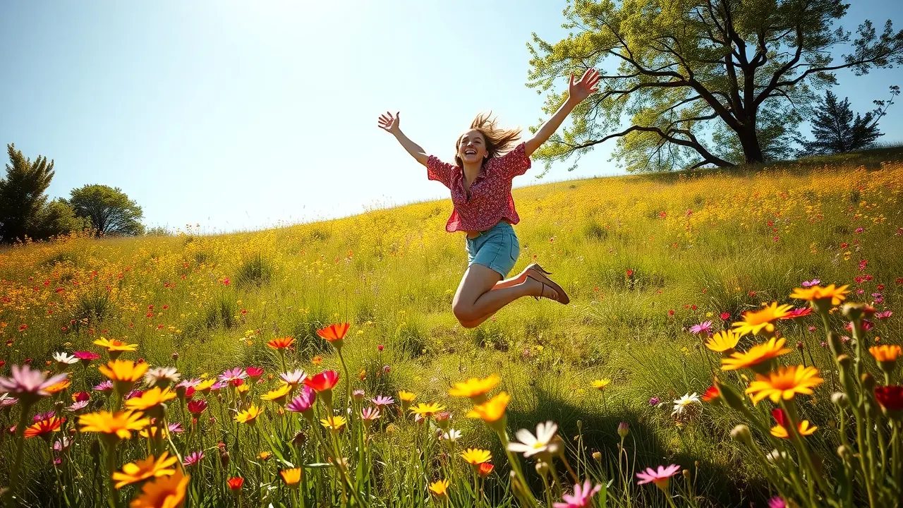 Pessoa cabriolando em campo florido