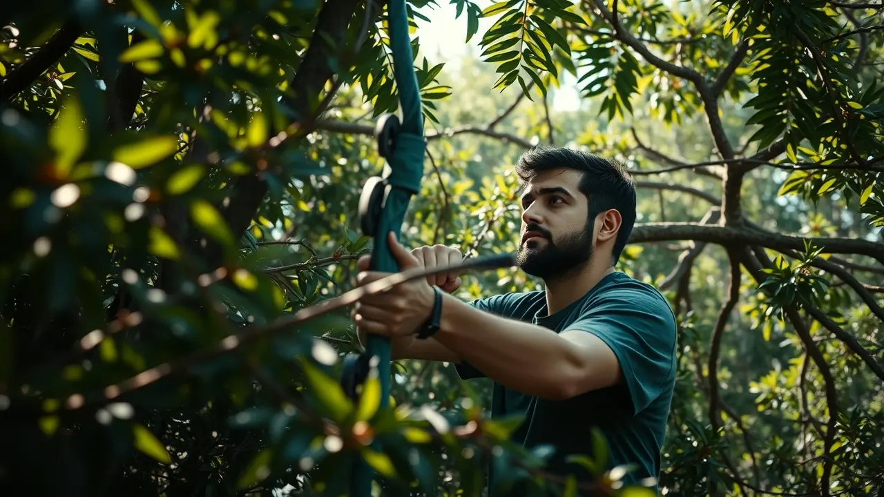 Homem caçando em floresta densa