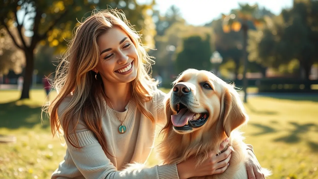 Sonhar com Cadela: Descubra o Significado e as Interpretações! Mulher acariciando cadela golden retriever em parque ensolarado