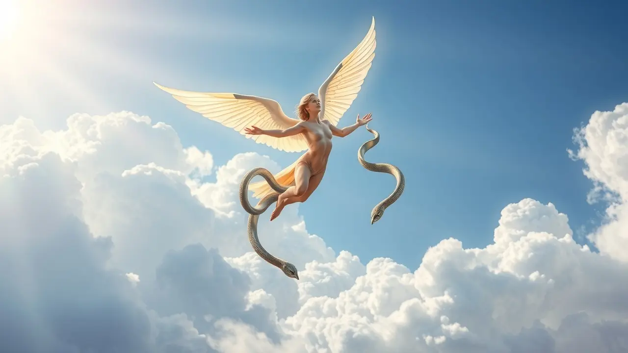 Caduceu dourado flutuando em céu azul