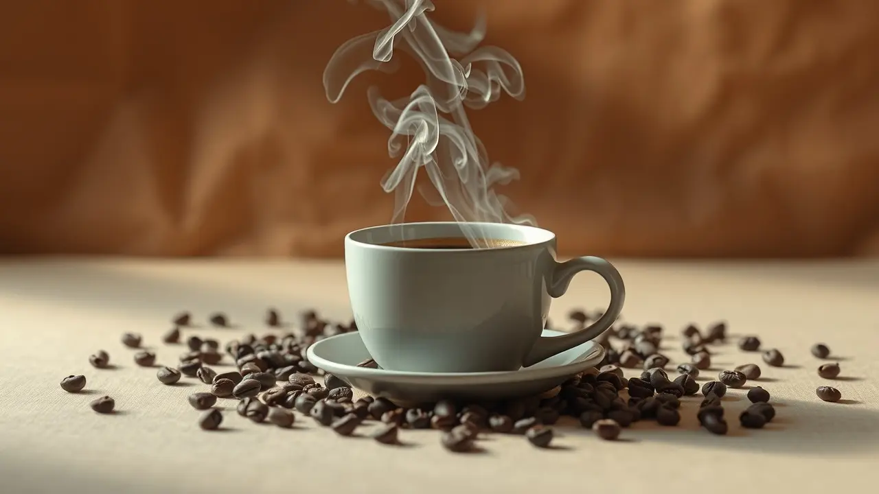 Xícara de café fumegante com grãos ao redor