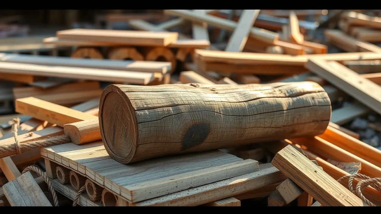Caibro de madeira sobre materiais de construção