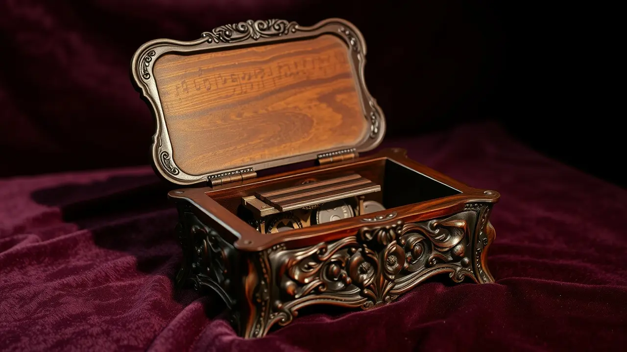 Caixa de música antiga com detalhes intrincados