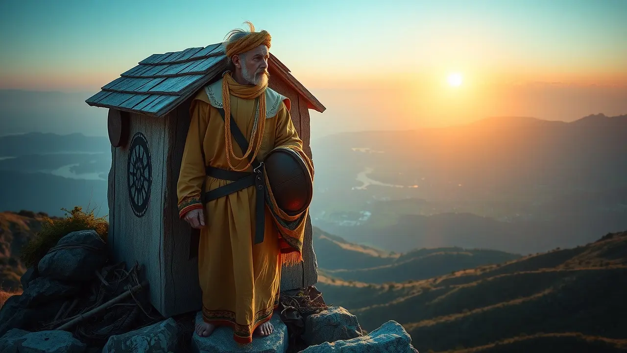 Homem sábio com cajado no topo da montanha