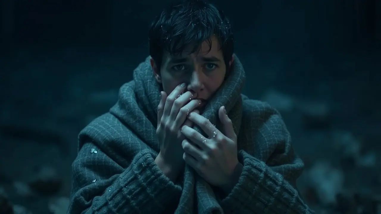 Pessoa com calafrios enrolada em cobertor