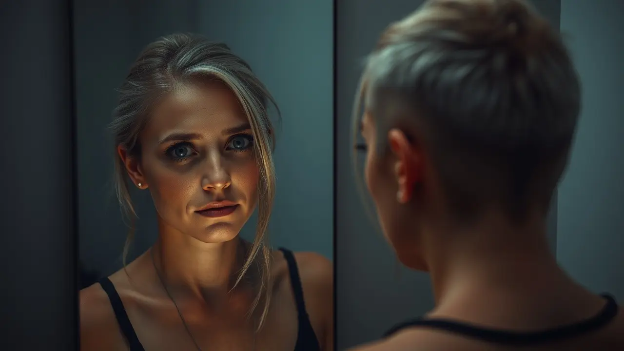 Homem preocupado com a calvície refletido no espelho