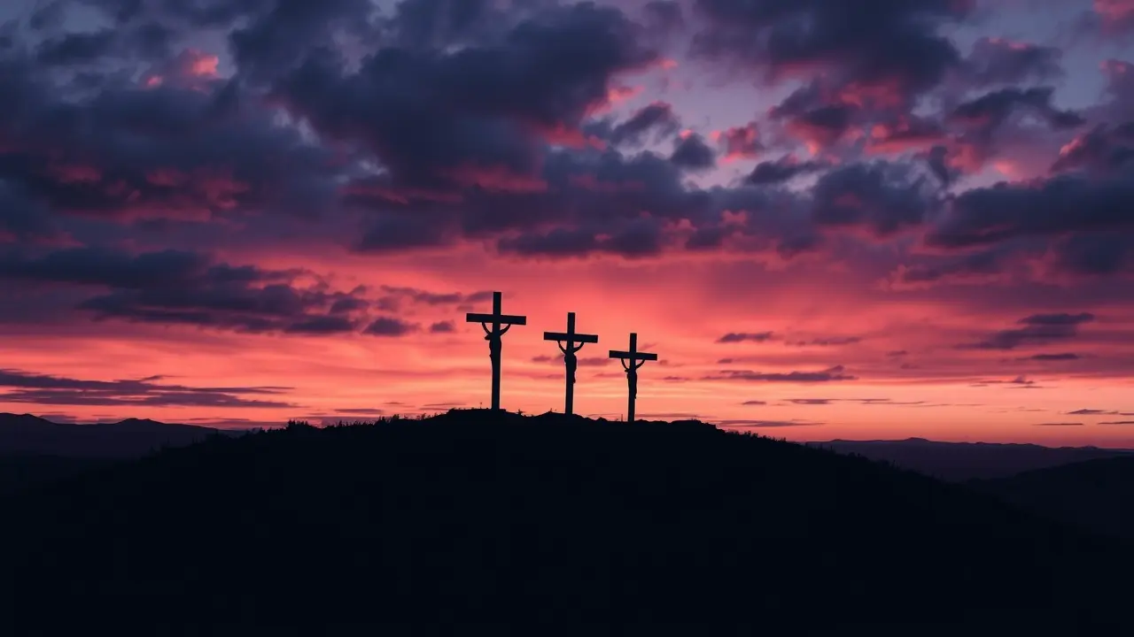 Sonhar com Calvário: Decifre os Significados e Simbolismos Ilustração do Calvário com cruzes ao entardecer