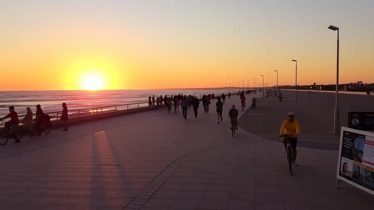 Calçadão à beira-mar ao pôr do sol