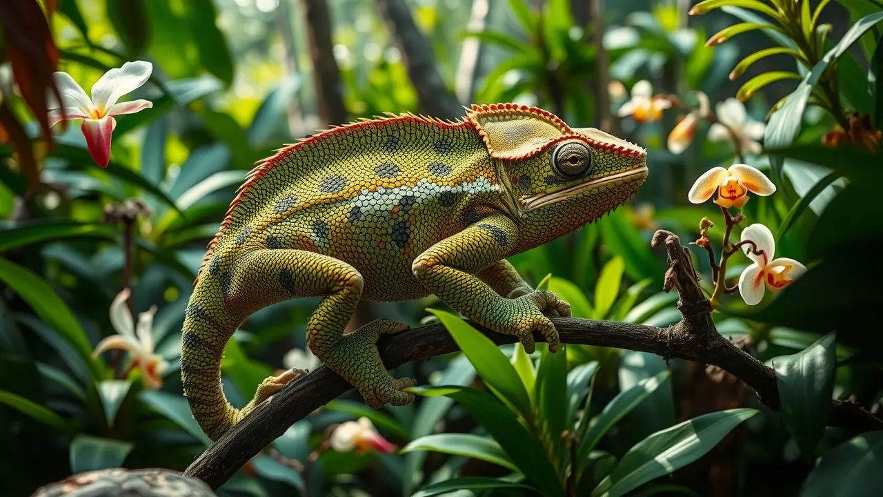 Camaleão camuflado na floresta