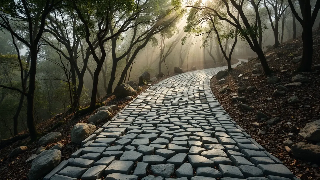 Sonhar com Caminho de Pedra: Descubra o Significado Oculto Caminho de pedra em floresta misteriosa
